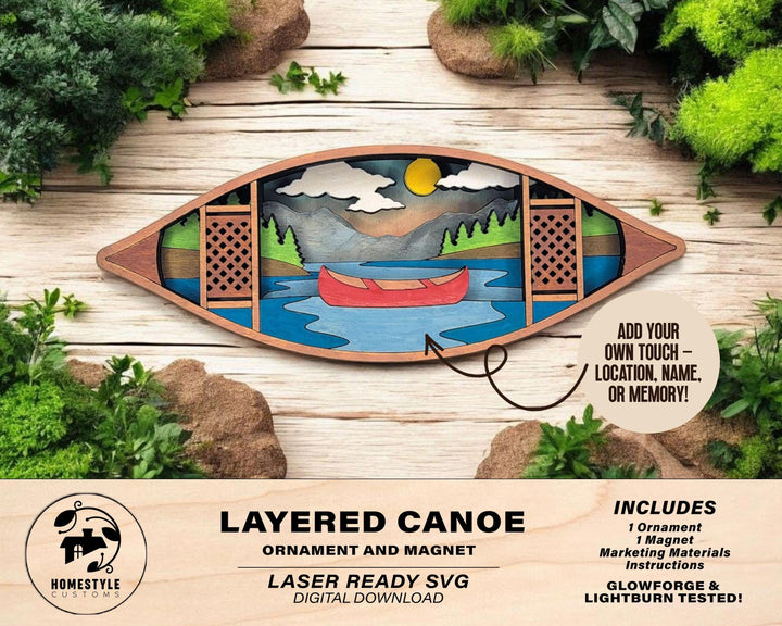 Layered Canoe - Ornament and Magnet - SVG, PDF, AI File Download - Works with all Laser Types