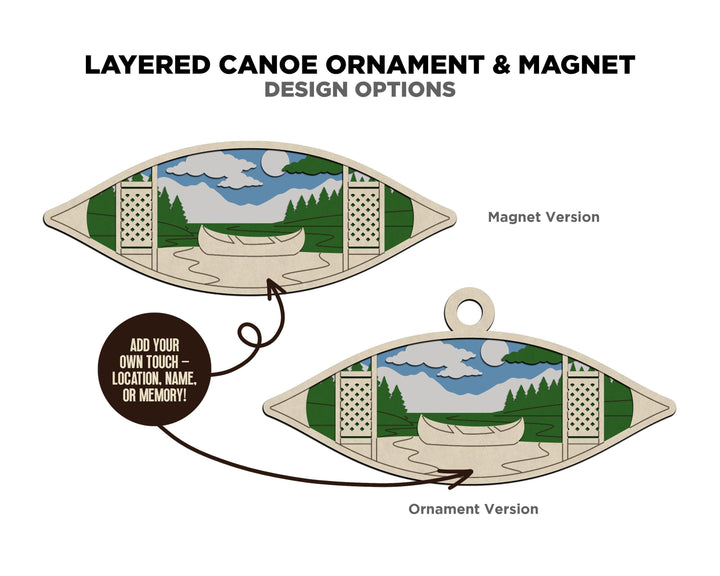 Layered Canoe - Ornament and Magnet - SVG, PDF, AI File Download - Works with all Laser Types