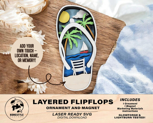 Flip Flop - Ornament and Magnet - SVG, PDF, AI File Download - Works with all Laser Types