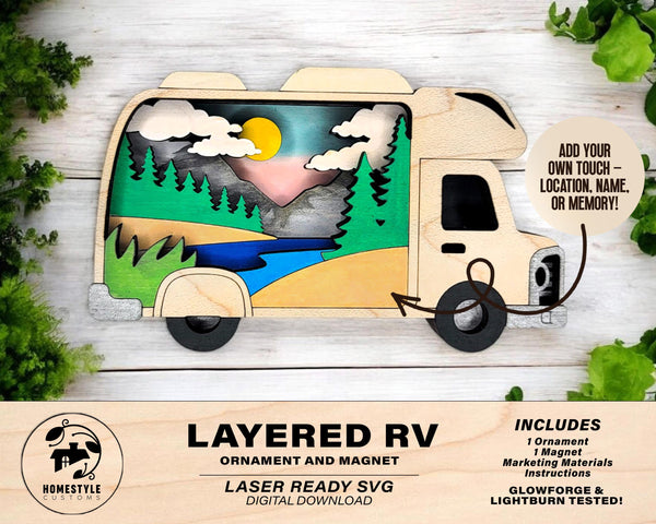 Layered Rv Camper - Ornament and Magnet - SVG, PDF, AI File Download - Works with all Laser Types