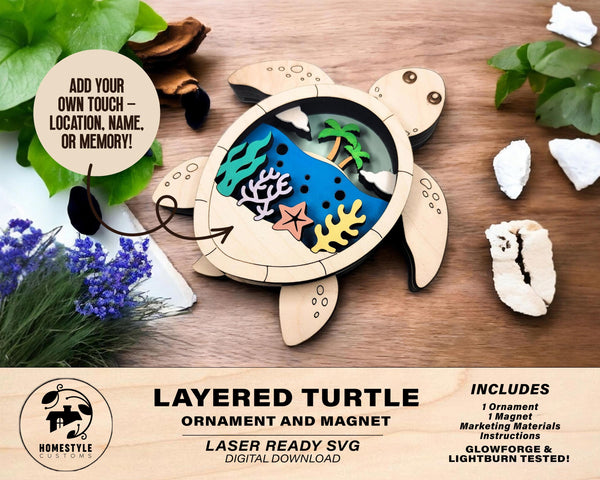 Layered Sea Turtle - Ornament and Magnet - SVG, PDF, AI File Download - Works with all Laser Types