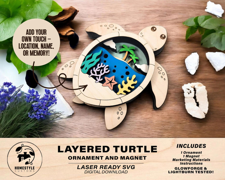 Layered Sea Turtle - Ornament and Magnet - SVG, PDF, AI File Download - Works with all Laser Types