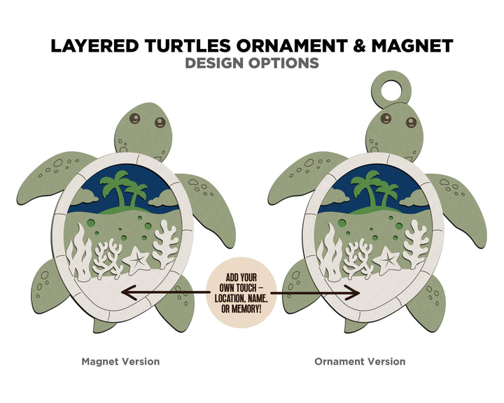 Layered Sea Turtle - Ornament and Magnet - SVG, PDF, AI File Download - Works with all Laser Types