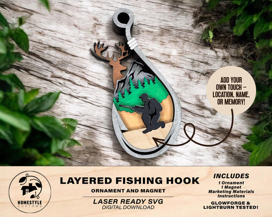 Layered Fishing Hook Design - Ornament and Magnet - SVG, PDF, AI File Download - Works with all Laser Types