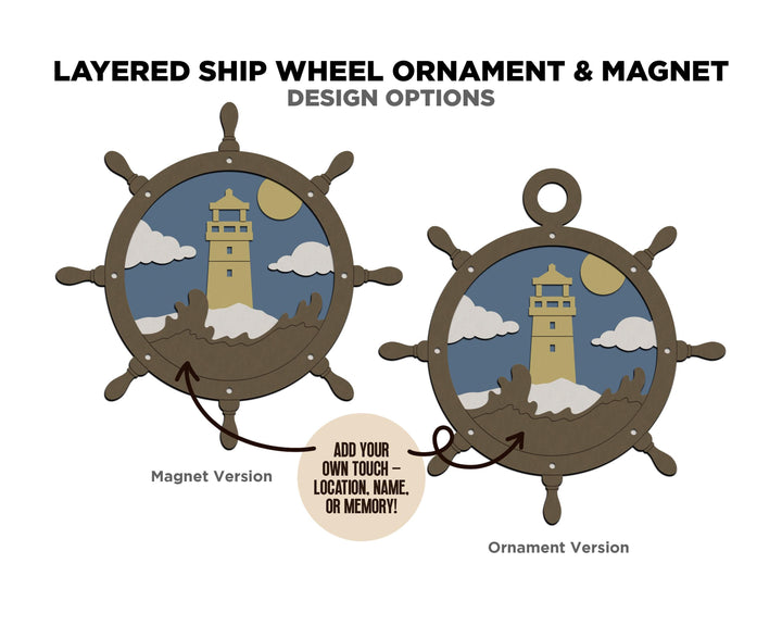 Layered Ship Wheel - Ornament and Magnet - SVG, PDF, AI File Download - Works with all Laser Types