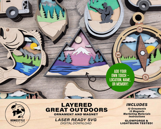 Layered Great Outdoors Bundle - Ornaments and Magnets - SVG, PDF, AI File Download - Works with all Laser Types