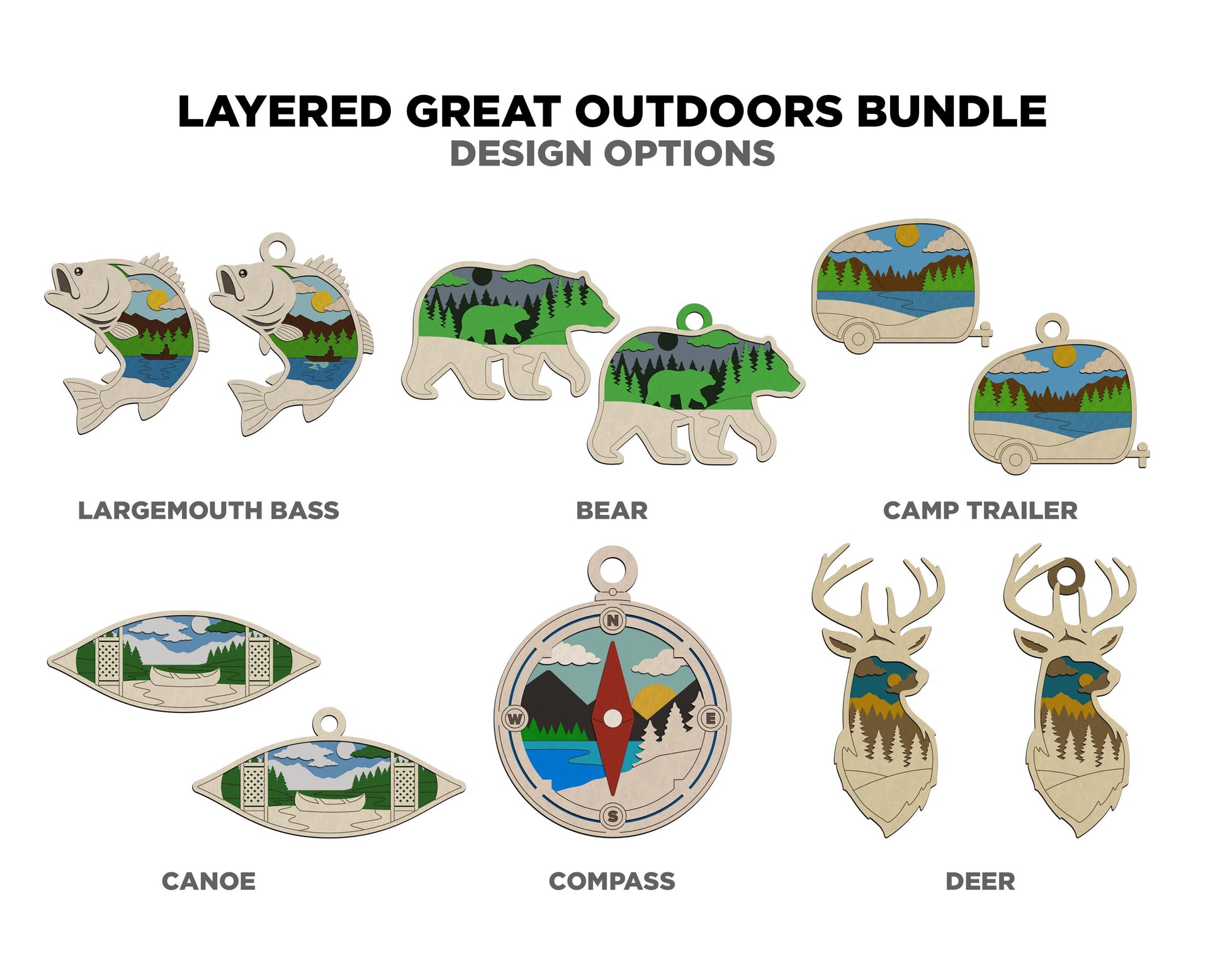 Layered Great Outdoors Bundle - Ornaments and Magnets - SVG, PDF, AI File Download - Works with all Laser Types