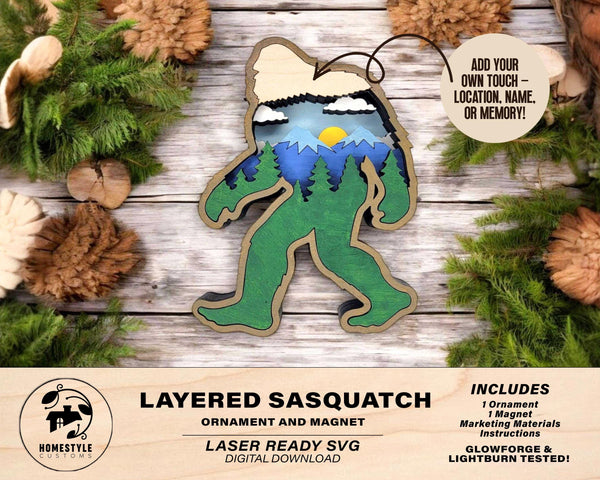Layered Sasquatch - Ornament and Magnet - SVG, PDF, AI File Download - Works with all Laser Types