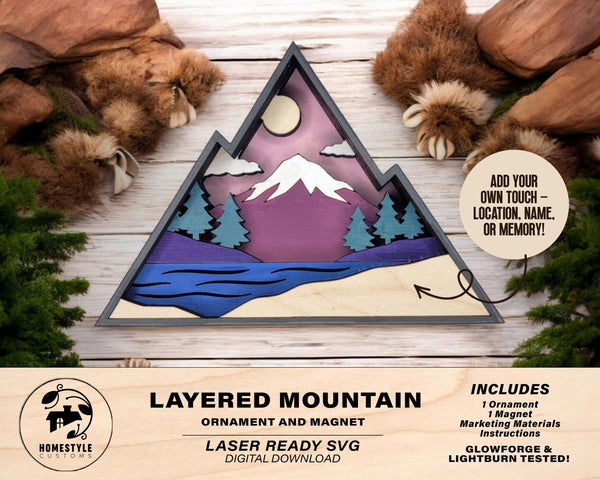 Layered Mountain - Ornament and Magnet - SVG, PDF, AI File Download - Works with all Laser Types
