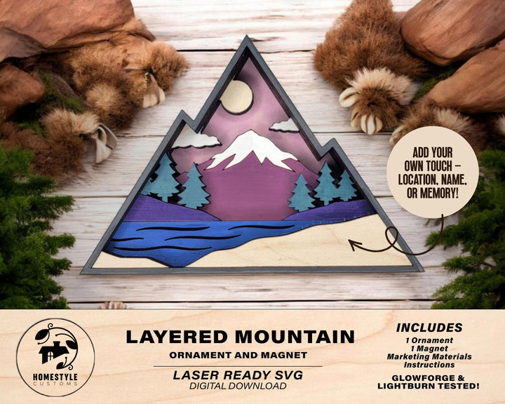 Layered Mountain - Ornament and Magnet - SVG, PDF, AI File Download - Works with all Laser Types