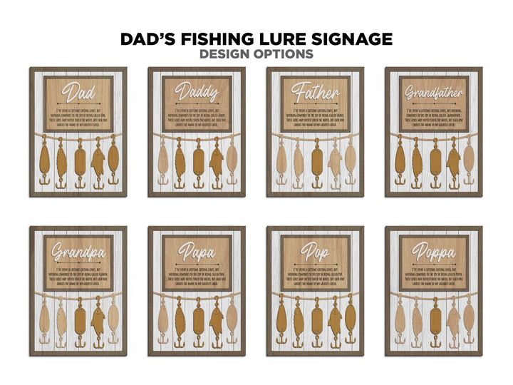 Dad's Fishing Lure Signage - 1-5 Name - 8 variations of 'Dad' - SVG, PDF, AI File Download - Works with all Laser Types