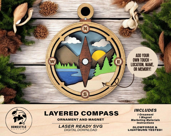 Layered Compass - Ornament and Magnet - SVG, PDF, AI File Download - Works with all Laser Types
