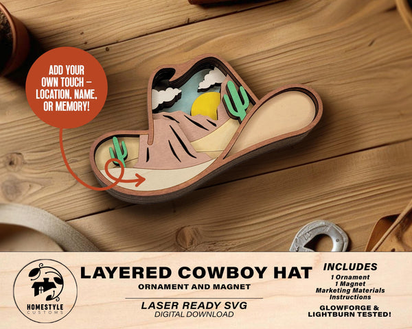 Layered Cowboy Hat - Ornament and Magnet - SVG, PDF, AI File Download - Works with all Laser Types