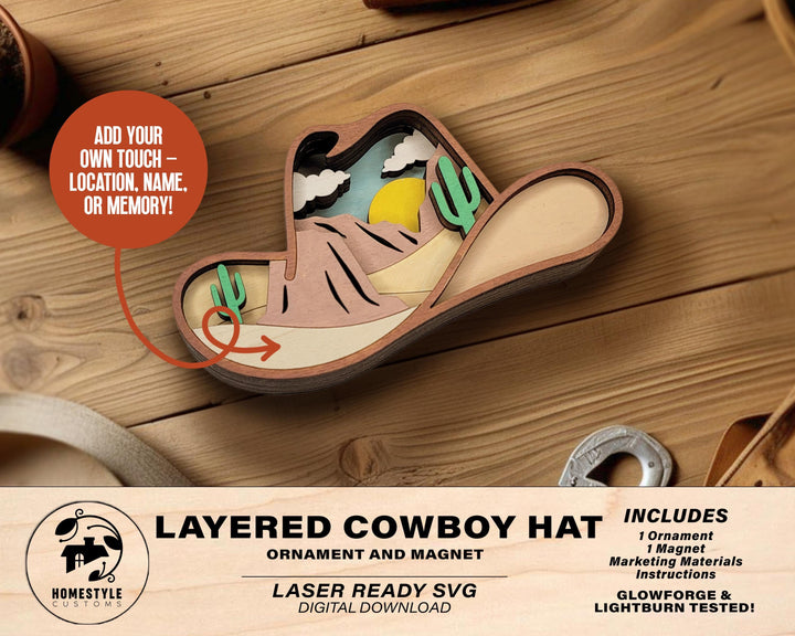 Layered Cowboy Hat - Ornament and Magnet - SVG, PDF, AI File Download - Works with all Laser Types