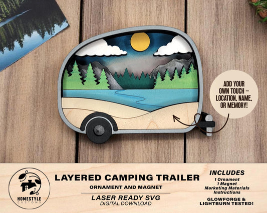 Layered Camp Trailer - Ornament and Magnet - SVG, PDF, AI File Download - Works with all Laser Types