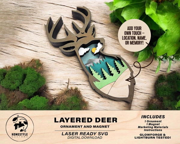 Layered Deer - Ornament and Magnet - SVG, PDF, AI File Download - Works with all Laser Types