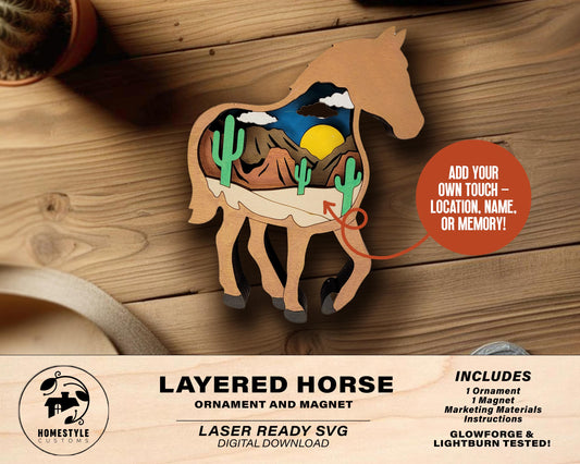 Layered Horse - Ornament and Magnet - SVG, PDF, AI File Download - Works with all Laser Types