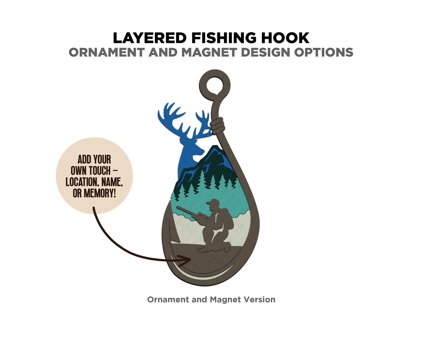 Layered Fishing Hook Design - Ornament and Magnet - SVG, PDF, AI File Download - Works with all Laser Types