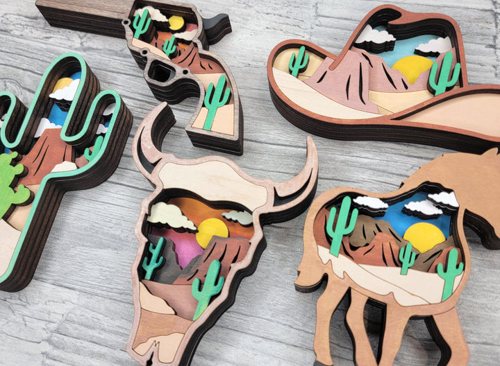 Layered Wild West Bundle - Ornaments and Magnets - SVG, PDF, AI File Download - Works with all Laser Types