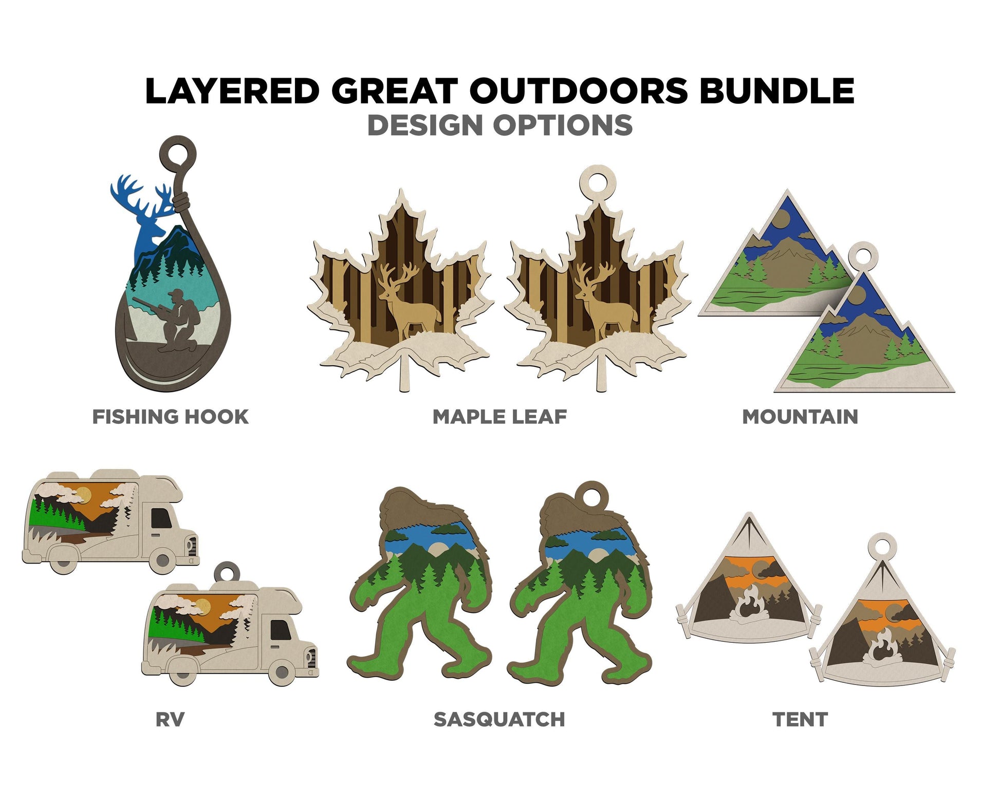 Layered Great Outdoors Bundle - Ornaments and Magnets - SVG, PDF, AI File Download - Works with all Laser Types