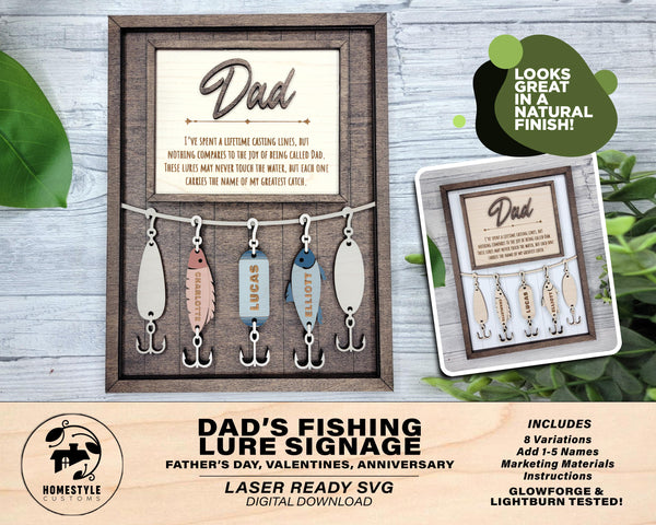 Dad's Fishing Lure Signage - 1-5 Name - 8 variations of 'Dad' - SVG, PDF, AI File Download - Works with all Laser Types