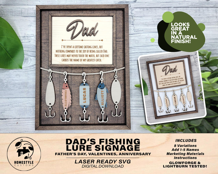 Dad's Fishing Lure Signage - 1-5 Name - 8 variations of 'Dad' - SVG, PDF, AI File Download - Works with all Laser Types
