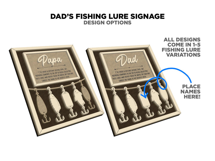 Dad's Fishing Lure Signage - 1-5 Name - 8 variations of 'Dad' - SVG, PDF, AI File Download - Works with all Laser Types