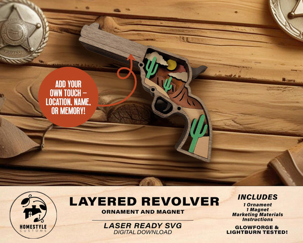 Layered Revolver - Ornament and Magnet - SVG, PDF, AI File Download - Works with all Laser Types