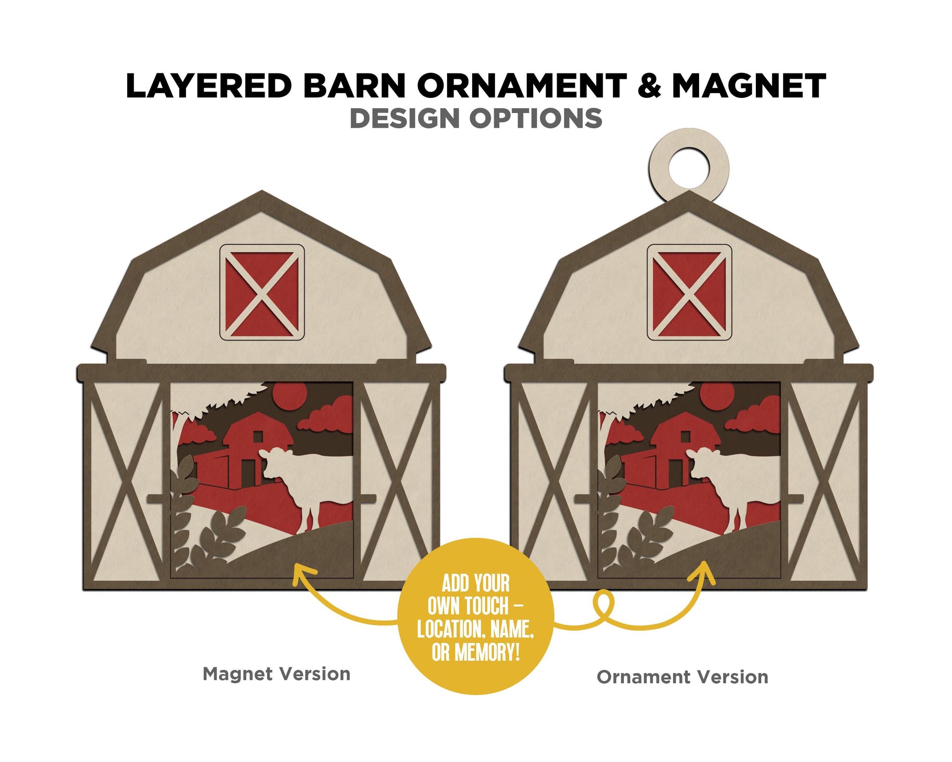 Layered Barn - Ornament and Magnet - SVG, PDF, AI File Download - Works with all Laser Types