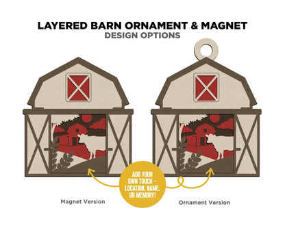 Layered Barn - Ornament and Magnet - SVG, PDF, AI File Download - Works with all Laser Types