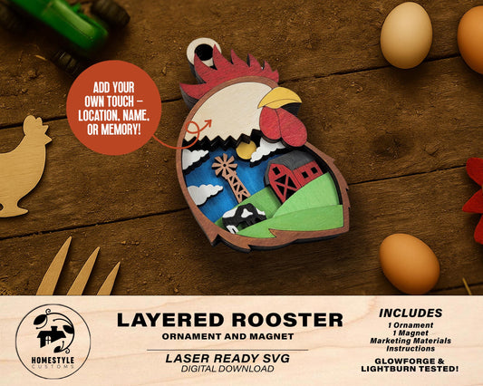 Layered Rooster - Ornament and Magnet - SVG, PDF, AI File Download - Works with all Laser Types