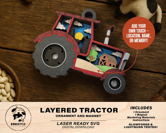 Layered Tractor - Ornament and Magnet - SVG, PDF, AI File Download - Works with all Laser Types