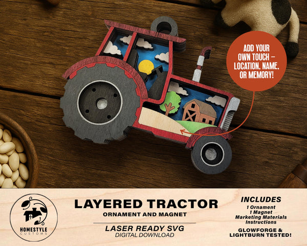 Layered Tractor - Ornament and Magnet - SVG, PDF, AI File Download - Works with all Laser Types