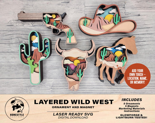 Layered Wild West Bundle - Ornaments and Magnets - SVG, PDF, AI File Download - Works with all Laser Types