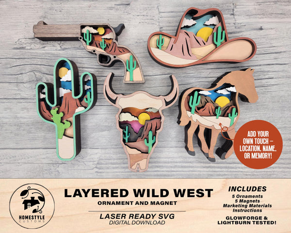 Layered Wild West Bundle - Ornaments and Magnets - SVG, PDF, AI File Download - Works with all Laser Types