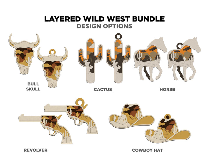 Layered Wild West Bundle - Ornaments and Magnets - SVG, PDF, AI File Download - Works with all Laser Types