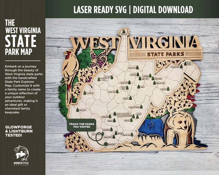 The West Virginia Park Map - Custom and Non Customizable Options - SVG, PDF File Download - Tested in Lightburn and Glowforge & Xtool