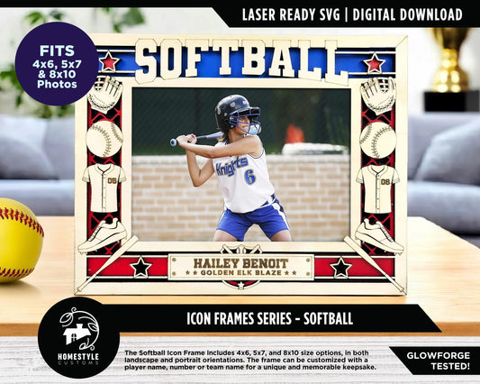 Softball Icon Frames - Includes Frame Sizes 4x6, 5x7, 8x10 in Landscape and Portrait - Works with all Lasers