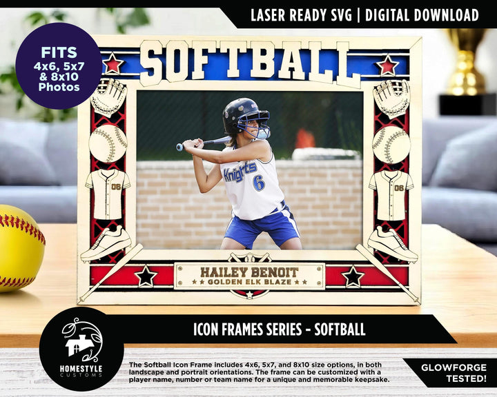 Softball Icon Frames - Includes Frame Sizes 4x6, 5x7, 8x10 in Landscape and Portrait - Works with all Lasers