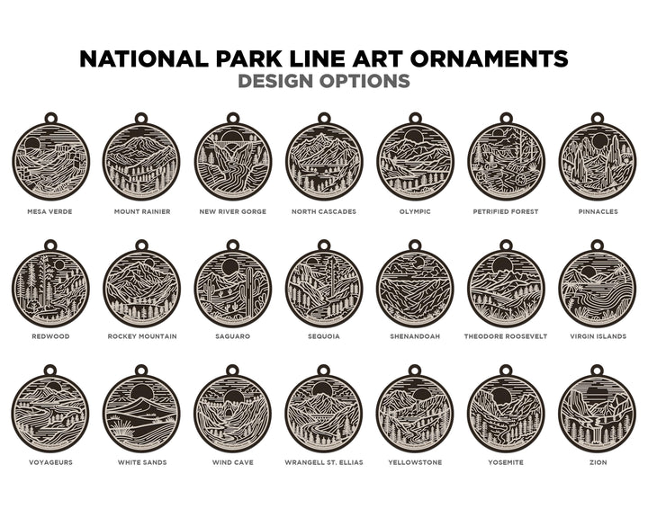 US National Park Line Art Ornaments - 63 Parks includes - SVG, PDF, ai File Download - Works with all Lasers