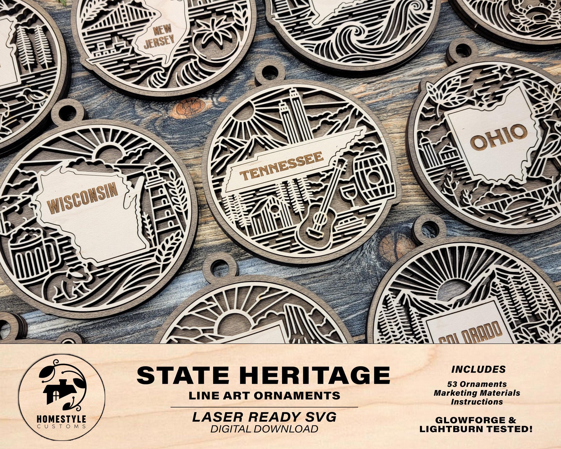 US Heritage State Line Ornaments - 53 Ornaments includes - SVG, PDF, ai File Download - Works with all Lasers