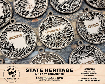 US Heritage State Line Ornaments - 53 Ornaments includes - SVG, PDF, ai File Download - Works with all Lasers