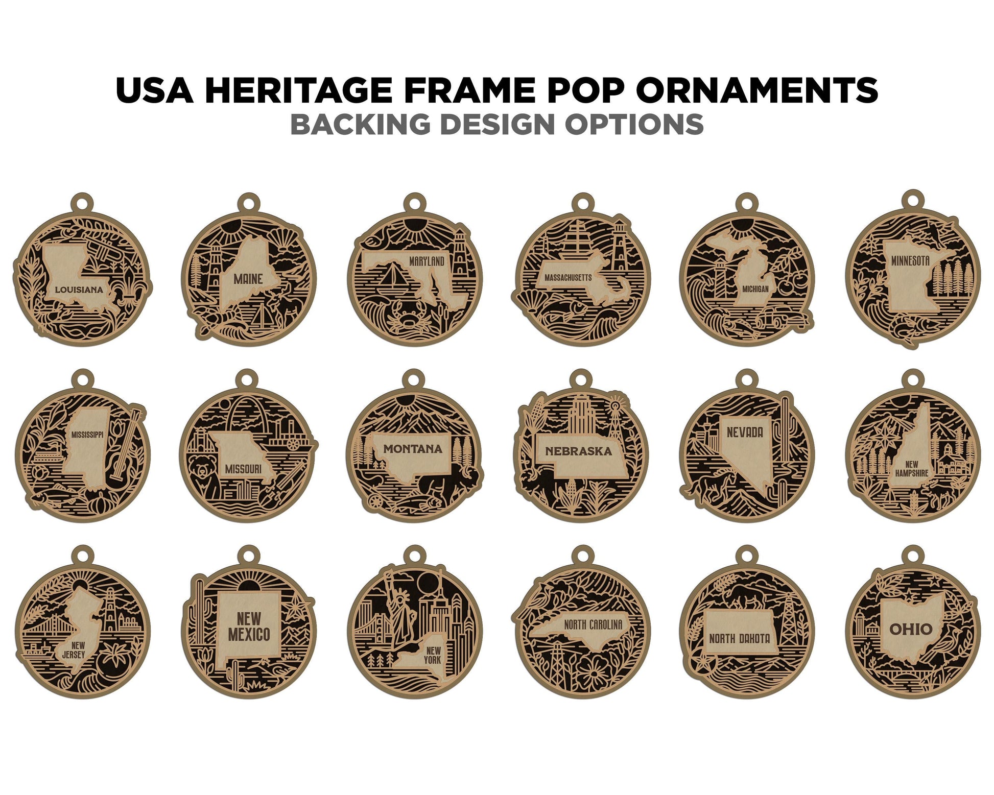 US Heritage State Line Ornaments - 53 Ornaments includes - SVG, PDF, ai File Download - Works with all Lasers