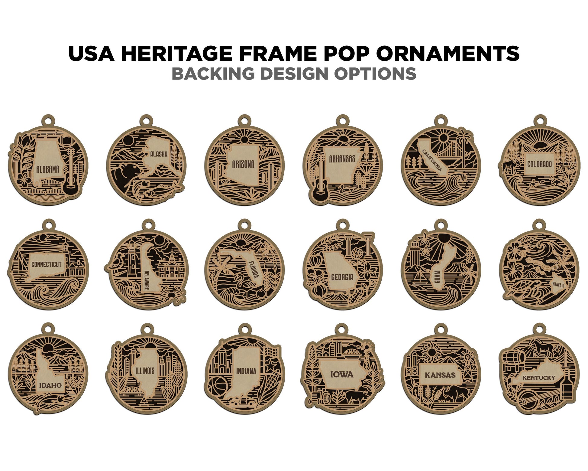 US Heritage State Line Ornaments - 53 Ornaments includes - SVG, PDF, ai File Download - Works with all Lasers