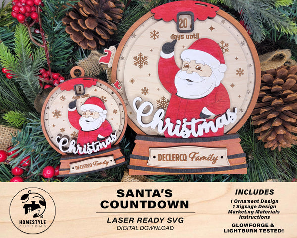 Santa's Countdown - Ornament & Signage - Personalize with a Family Name- SVG, PDF, AI File types - Works With All Lasers