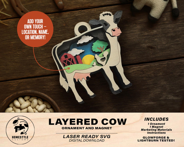Layered Cow - Ornament and Magnet - SVG, PDF, AI File Download - Works with all Laser Types