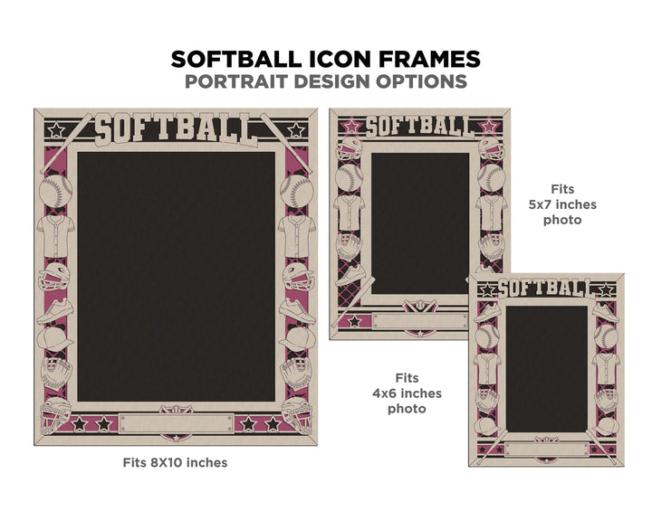 Softball Icon Frames - Includes Frame Sizes 4x6, 5x7, 8x10 in Landscape and Portrait - Works with all Lasers