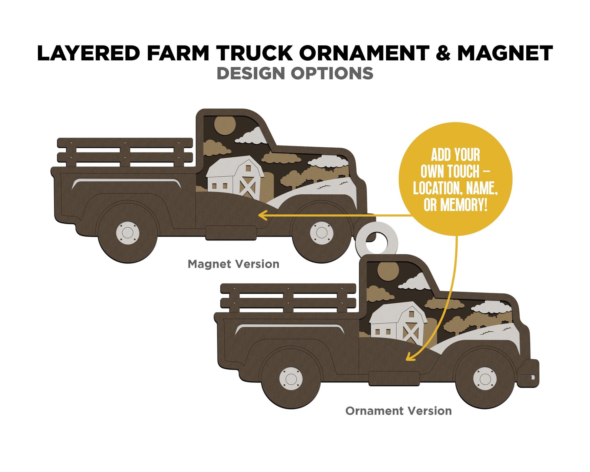 Layered Farm Truck - Ornament and Magnet - SVG, PDF, AI File Download - Works with all Laser Types