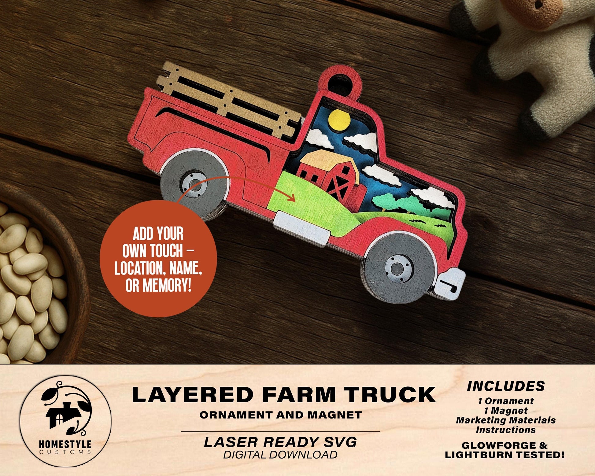 Layered Farm Truck - Ornament and Magnet - SVG, PDF, AI File Download - Works with all Laser Types