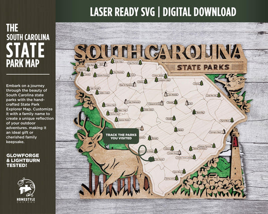 The South Carolina State Park Map - Custom and Non Customizable Options - SVG, PDF File Download - Tested in Lightburn and Glowforge & Xtool